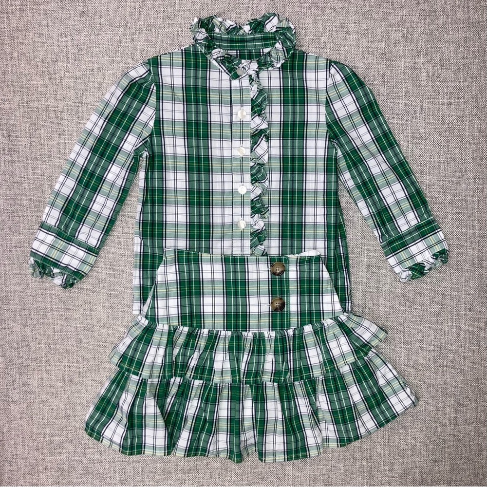 Classic Prep 2T green ruffle plaid shirt and skirt set EUC